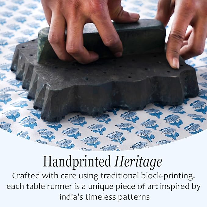 CPC Cotton Table Runner 16x60 Inch Block Printed Long Fall Table Runner for Dining Table, Card Table, Coffee Table, Wedding, Farmhouse & Outdoor Barbeque-Apatite Blue