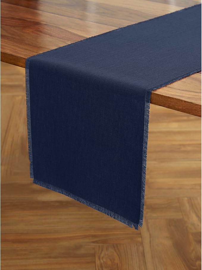 Solino Home Linen Navy Blue Table Runner 48 Inches - Fringe, 100% Pure Linen Short Table Runner 14 x 48 Inch Ideal for Dresser and Coffee Tables - Winter