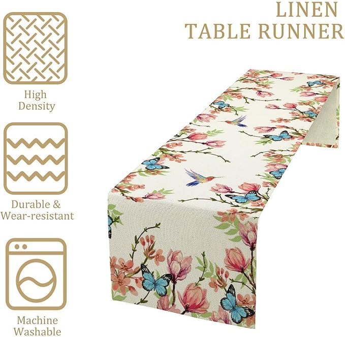 Spring Flower Table Runner, Seasonal Rustic Garden Flowers Bird Butterfly Print Table Runner for Home Kitchen Table Decor, 13x70inch