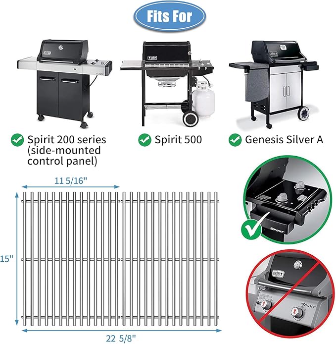 Htanch15inch 7522 Stainless Steel 9mm Cooking Grid Grates for Weber 7523 Genesis Silver A, Spirit E-200,Spirit 500,Spirit 210 (2007-2012) Gas Grills