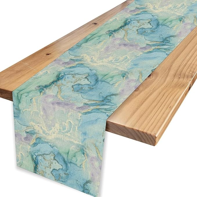 Summer Beach Table Runner, Blue Sea Coastal Nautical Marble Wave Ocean Table Runner Seasonal Holiday Home Kitchen Dining Table for Home Party Decor 13"x72"