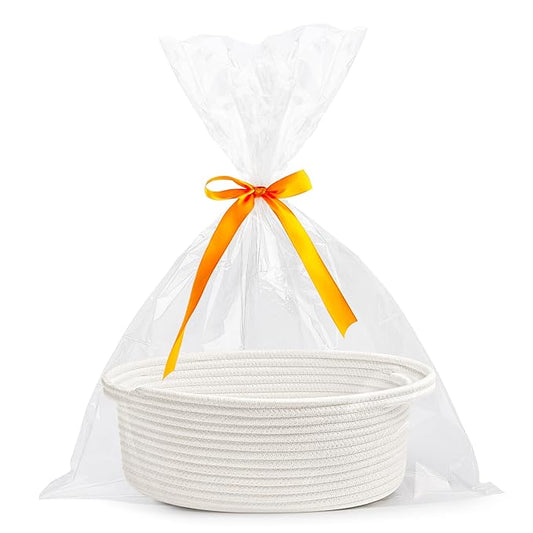 Pro Goleem Small Woven Burr Basket with Gift Bags and Ribbons Durable Baskets for Gifts Empty Small Rope Basket for Storage 12"X 8" X 5" Baby Toy Baskets with Handles, White