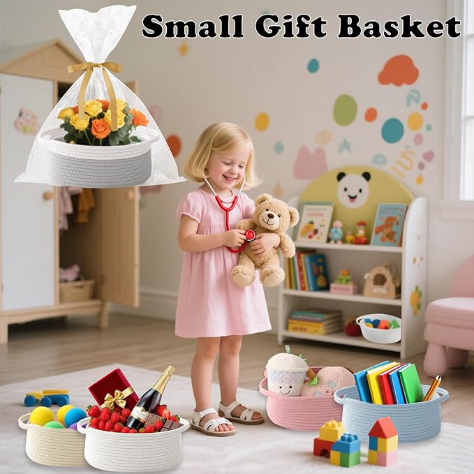 2 Pack Gift Basket with Gift Bag and Ribbons,Small Rope Woven Shelf Storage,Baskets for Gifts Empty,Birthday,Baby Shower,Decorative Organizer Box with Handles(White&Grey)