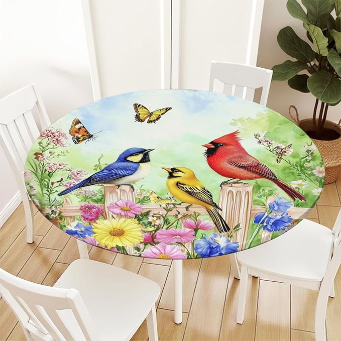 Spring Birds Floral Round Fitted Tablecloth with Elastic Colorful Flower Butterfly Circle Table Cloth for 48-52" Round Tables Wipeable Waterproof Farmhouse Easter Table Cover for Outdoor Picnic Dining