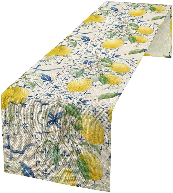Vintage Lemon Table Runner, Watercolor Yellow Lemons Blue Tiles Spring Summer Seasonal Kitchen Dining Table Decoration for Indoor Outdoor Party, 13x120inch