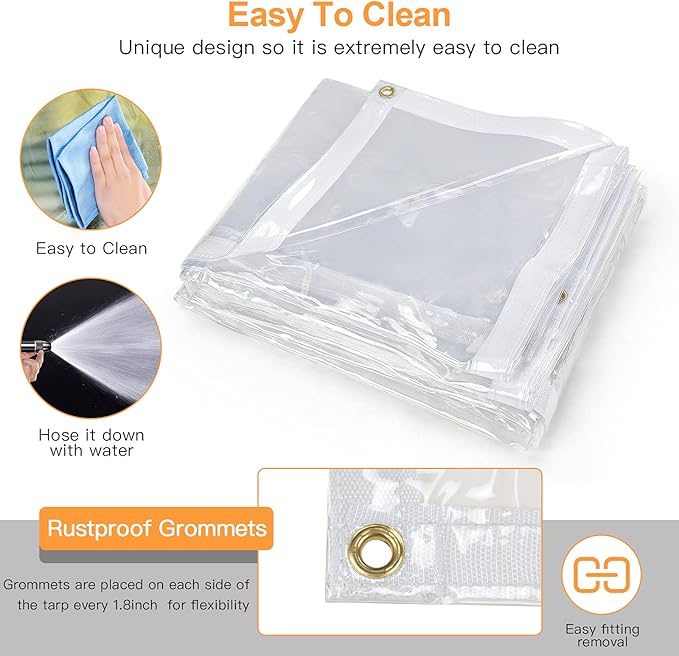 10 x 10FT Outdoor Clear Tarp Curtain Waterproof Wind-Proof 24 Mil Transparent Vinyl Tarp for Patio Pergola Garden Canopy Rainproof Anti-Tear PVC Thick Cover with Grommets