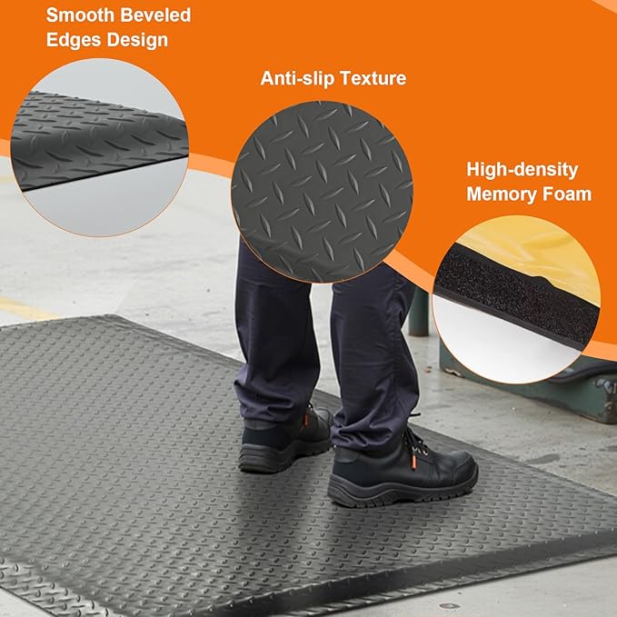 Nisorpa Anti Fatigue Mats Industrial 3' x 6' Ergonomic Standing Mat 15/16" Extra Thick Cushioned Shop Floor Mats Heavy Duty Commercial Diamond Plate - Safety Support for Leg & Back Pain, Grey