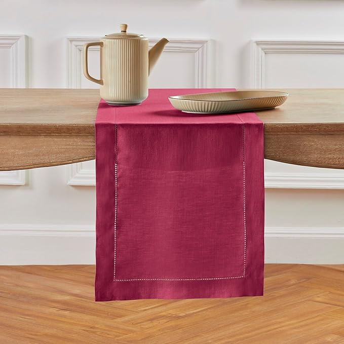 Solino Home Linen Beet Table Runner 90 Inches Long - 100% Pure Linen Hemstitch 14 x 90 Inch Table Runner for Dining, Valentines, Winter, Easter - Classic Hemstitch