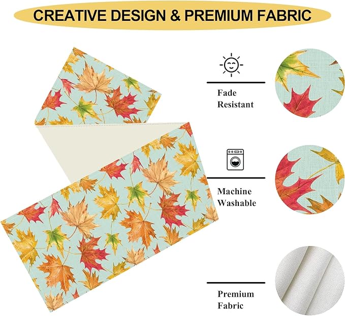 Fall Table Runner, Farmhouse Seasonal Autumn Maple Leaves Harvest Thanksgiving Country Coffee Table Center Decor for Home Kitchen Dining Patio Holiday Party Indoor Outdoor Decorations, 13"x36" Inch