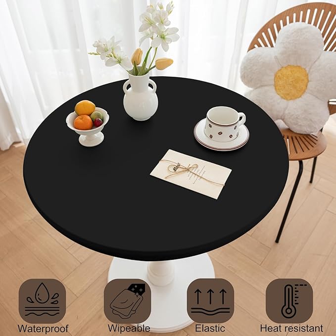 Round Fitted PU Tablecloth with High Elastic Edge 31 Inch Dia Waterproof Oil Proof Table Cloth Anti-Scald Stain-Resistant Wipeable Table Cover for Indoor Outdoor Picnic (Black,31" Dia)