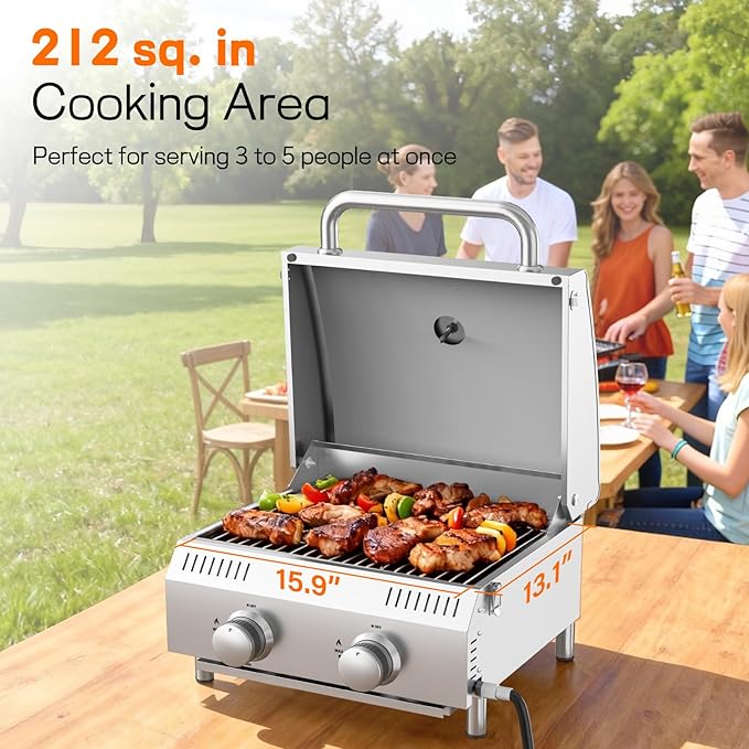 Veralune 2 Burner Tabletop Gas Grill, 20,000 BTUs Stainless Steel Portable Propane Grill with Legs, Built-in Thermometer, Travel Locks for Tailgating, Outdoor, Camping, RV Trips