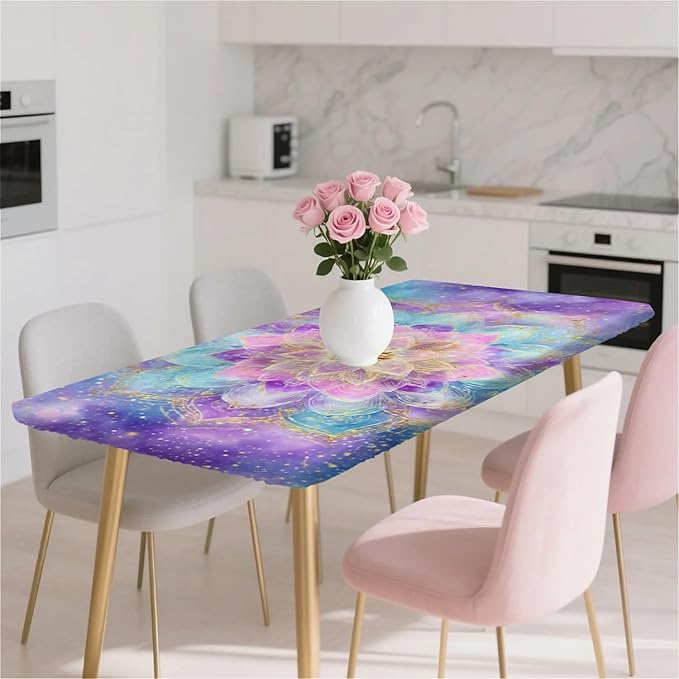 Rectangle Table Cloth Cover Waterproof Elastic Fitted Polyester Fitted Tablecloths for 4 Foot Tables for Indoor,Picnic, Camping, Outdoor （48" x 30"，Datura）