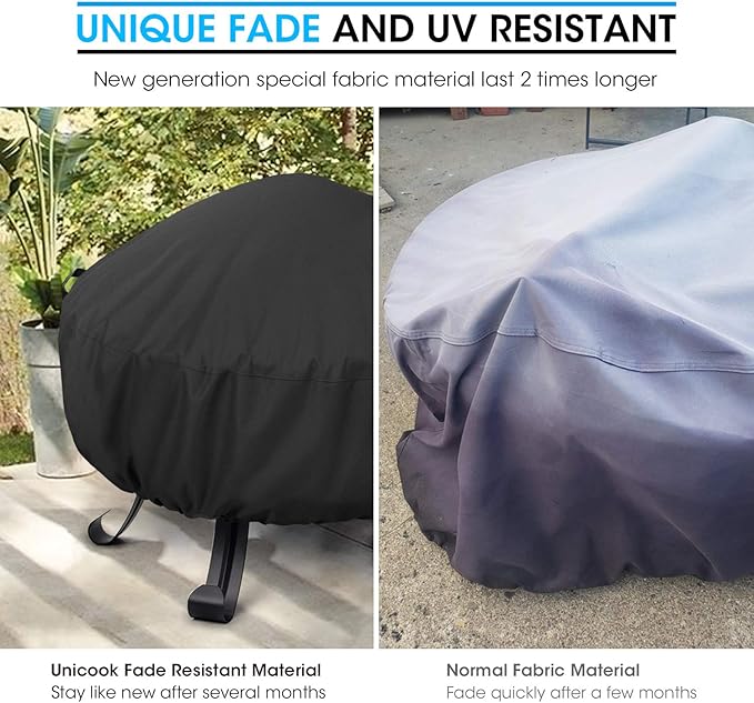 Unicook Round Fire Pit Cover 32 Inch, Heavy Duty Waterproof Firepit Cover Small, Patio Fire Table Cover, Fade and UV Resistant Material, All Weather Protection, 32" Dia x 14" H, Black