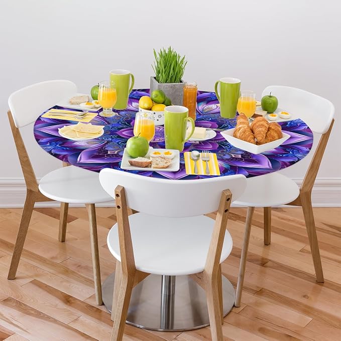 Mandrake Purple Blue Flower Round Table Cloth Cover, Elastic Edge Waterproof Wipeable Tablecloths 36"-42" Polyester Tablecloth for Party Restaurant Banquet Holiday Camping Outdoor Picnic