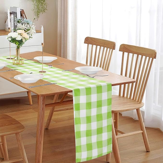 Fabric Checkered Table Runner 12 Pack Waterproof Gingham Table Runner 14W x 108L Buffalo Check Table Runners for Parties Kitchen Dining Wedding Banquet (Emerald and White)
