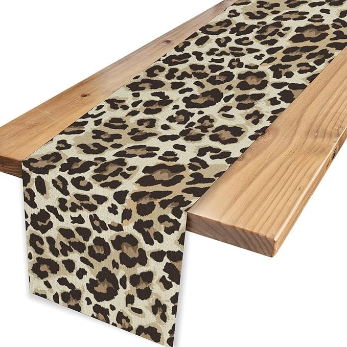 Leopard Print Table Runner, Animal Fur Print Western Style Table Runner Country Farmhouse Cottage Cow Pattern Linen Table Decoration for Home Kitchen Dining 13x36