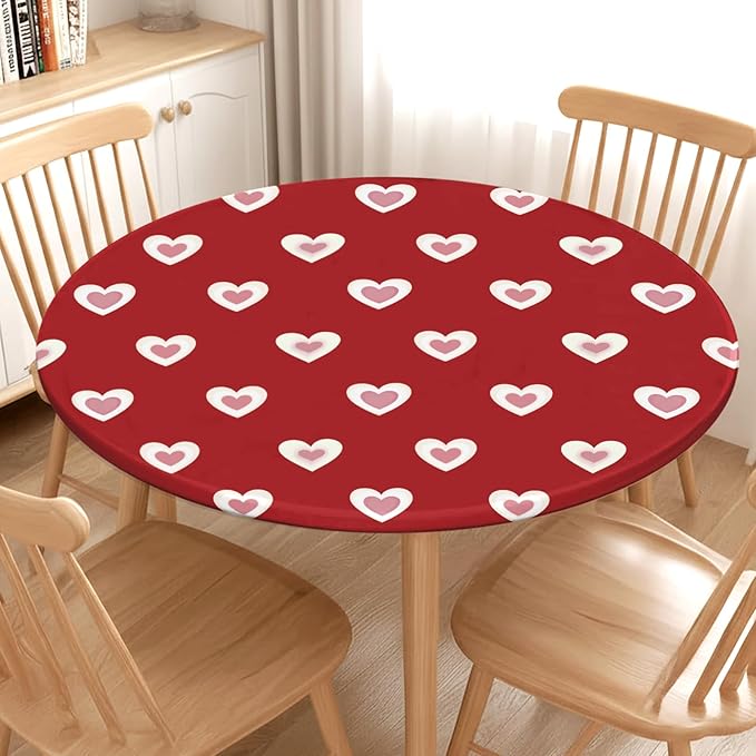 Valentines Day Round Fitted Tablecloth with Elastic Red Pink Heart Circle Table Cloth for 40-44" Round Tables Wipeable Waterproof Washable Burgundy Valentine Table Cover for Picnic Dining Party Decor