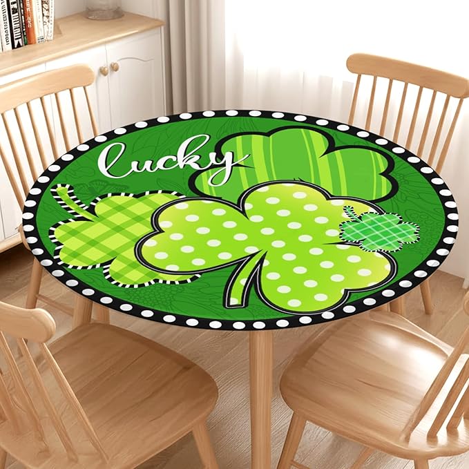 St Patricks Day Round Fitted Tablecloth with Elastic Green Shamrock Lucky Circle Table Cover for 40-44" Tables Spring Clover Wipeable Waterproof Washable Table Cloth for Party Picnic Dining Decor