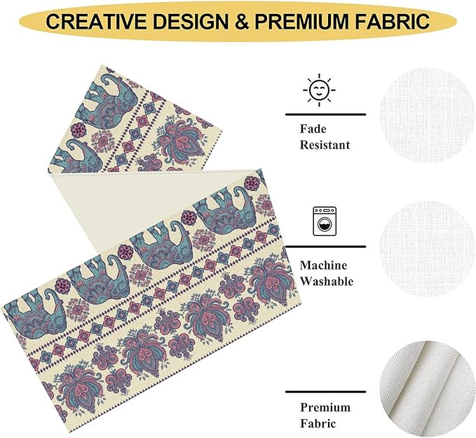 Boho Elephant Table Runner, Rustic African Tribe Animal Damask Diwali India Mandala Art Print Purple Coffee Table Center Decor for Home Kitchen Holiday Party Outdoor Table Decorations, 13"x72"