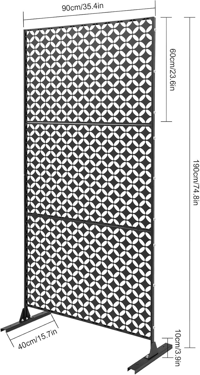 75" H×35" W Decorative Outdoor Privacy Screen with Stand, Outdoor Decor Privacy Fence Screen Metal Fence Panels, Free Standing Metal Divider for Patio Lawn Deck (Black-Circle)