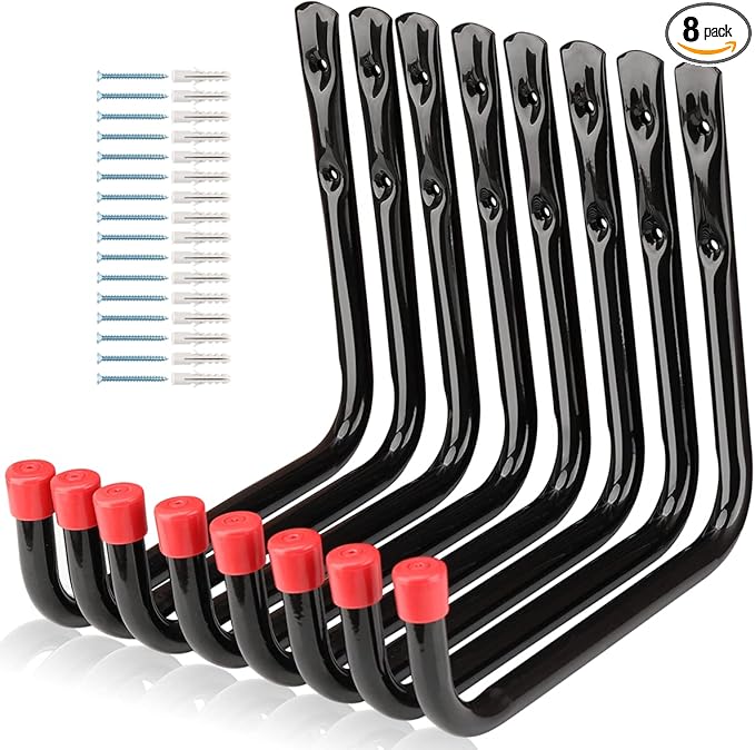 8 Pack Wall Mount Storage Hooks, 9.6IN Garage Utility Hanger for Ladder, Hold Chairs, Garden Tool, Hose, Bike Black +Red 9.6Inch x 8.8Inch