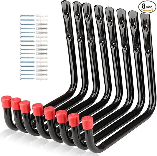 8 Pack Wall Mount Storage Hooks, 9.6IN Garage Utility Hanger for Ladder, Hold Chairs, Garden Tool, Hose, Bike Black +Red 9.6Inch x 8.8Inch