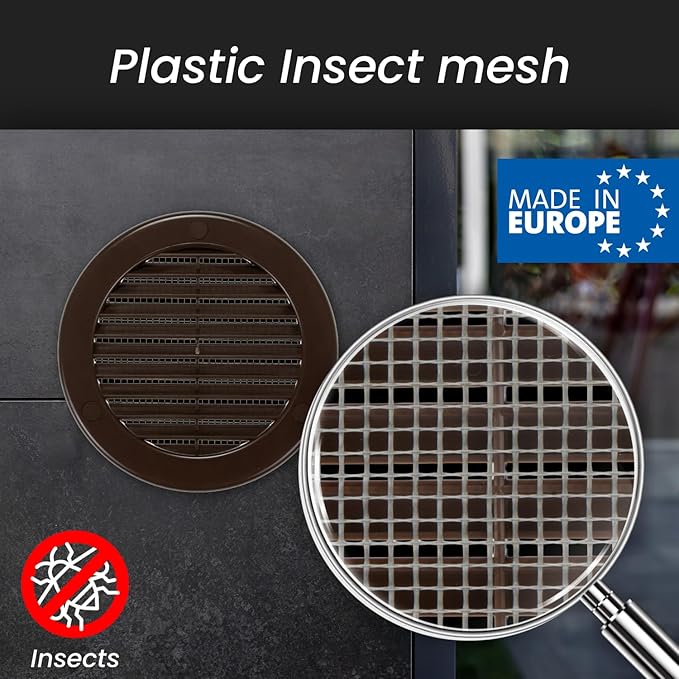 Repa Market 4 Inch (Opening) Brown Round Air Vent Cover - Pack of 5 Plastic Fresh Air Intake Vent - Grill Cover with Nylon Mesh Screen - Wall or Ceiling HVAC Return Air Register - Modern Soffit Vents