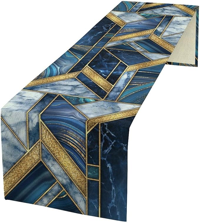 Marble Texture Table Runner, Dark Blue Gold Modern Mosaic Design Table Runner Decoration for Kitchen Family Dinner Table Holiday Party Farmhouse 13x60in