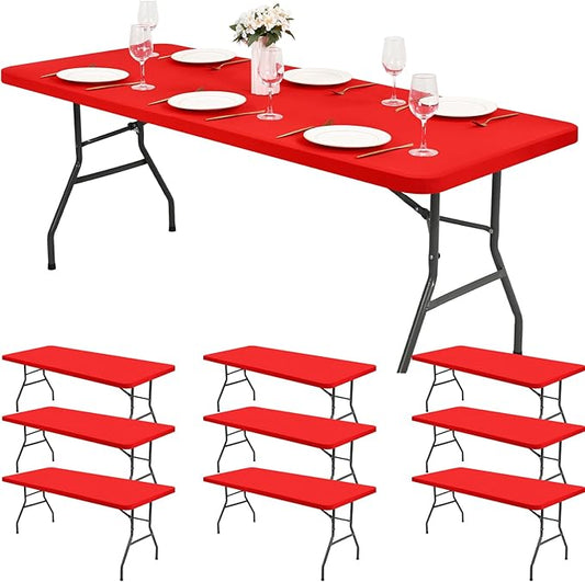 10 Pack Stretch Fabric Table Top Cap Cover, Red Table Covers fits 6Ft Tables, Washable Elastic Universal Rectangle Tablecloth Protector for Indoor Outdoor Party Picnic Wedding (30" W x 72" L)