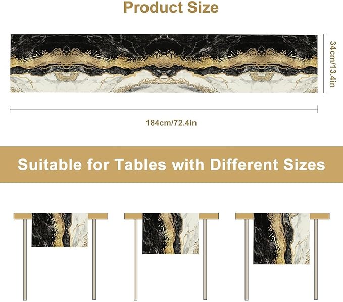 Marble Table Runner, Ink Golden Marble Texture Table Runner for Kitchen Wedding Farmhouse Indoor Outdoor Home Party 13x60in