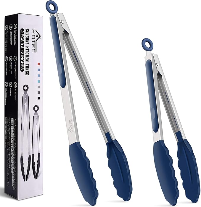 HOTEC Premium Stainless Steel Locking Kitchen Tongs with Silicon Tips, Set of 2-9" and 12", Classic Blue