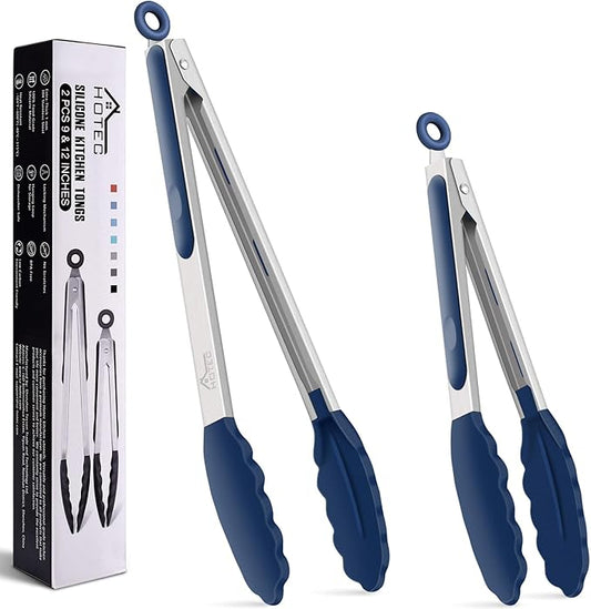 HOTEC Premium Stainless Steel Locking Kitchen Tongs with Silicon Tips, Set of 2-9" and 12", Classic Blue