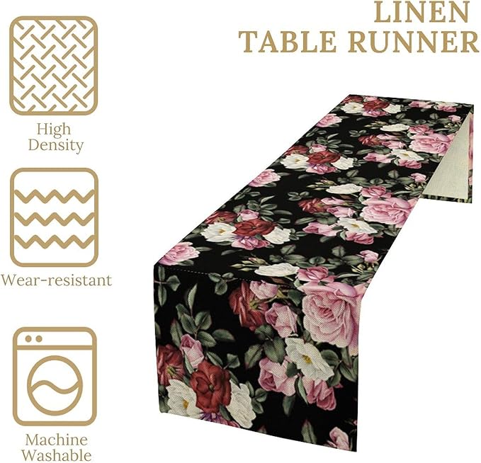 Gothic Floral Table Runner,Vintage Pink Red Rose Flower Print Table Runner for Kitchen Dining Table Indoor Outdoor Home Party Decor,Black 13x108in