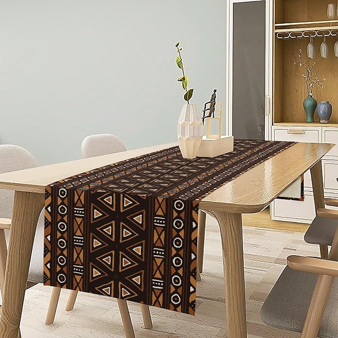 African Table Runner, Geometric Motifs Southwestern Native Tribal Ethnic Table Runner for Dining Kitchen Farmhouse Party Coffee Home 13x70in