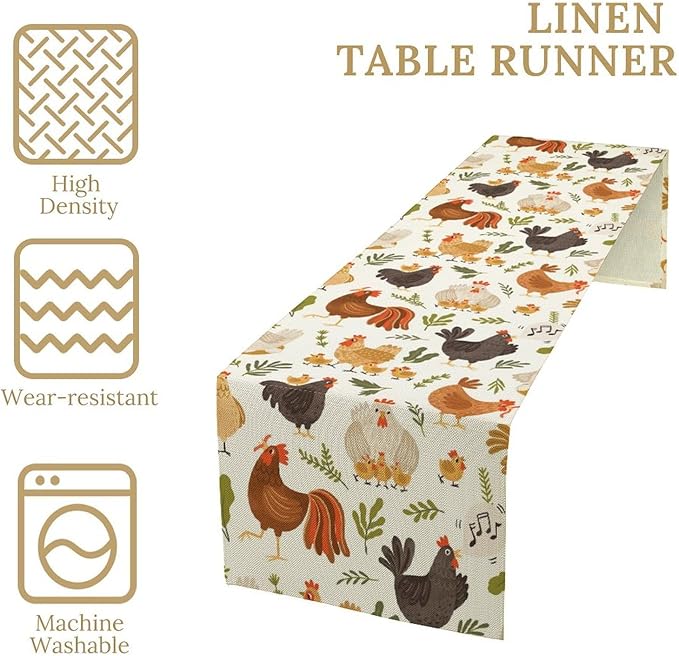 Cute Roosters Chickens Table Runners, Rustic Farm Animals Hen Table Runner for Farmhouse Wedding Coffee Dining Table Party Home 13x90in