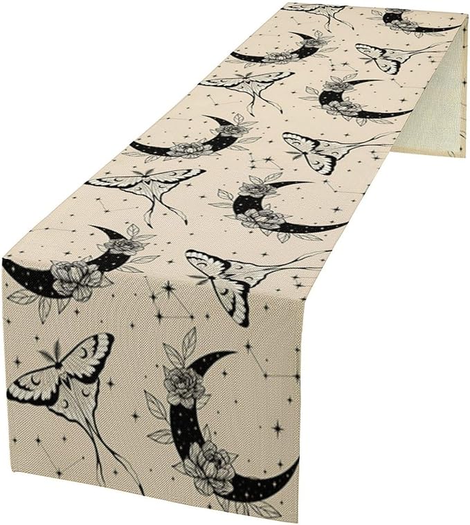 Boho Moth Table Runner,Retro Flower Moon Starlit Stars Butterfly Print Table Runner for Wedding Holiday Party Farmhouse Home Decor 13x120in