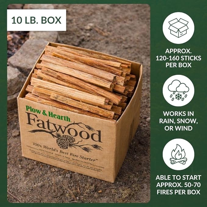 Plow & Hearth 10 LBS Fatwood Fire Starter Sticks Organic Kindling, Easy Ignition Fat Wood, All Natural Firestarters for Fire Pit, Wood Stoves, Fireplaces, Campfires, Bonfires, BBQ