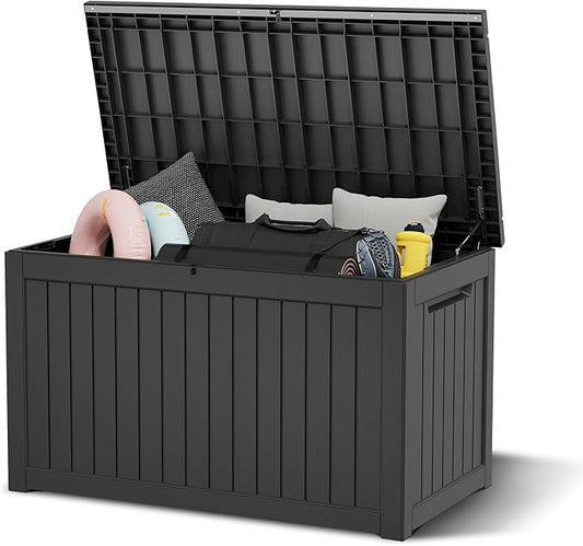 NUNU LAB 230 Gallon Outdoor Storage Box, Large Resin Deck Box with Lockable Lid, Waterproof & UV-Resistant Patio Storage Bin for Garden Tools, Pool Accessories & Furniture, Black