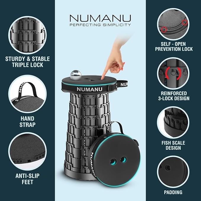 NUMANU 2025 Upgraded Padded Collapsible Stool, Max 620lbs 2.5"-18" H Adjustable Portable Folding Stool for Adults, Retractable Foldable Telescopic Seat Camping Chair or Footrest (1PK Padded Seat)