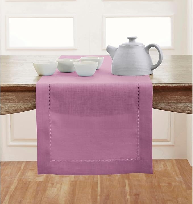 Solino Home Linen Table Runner 108 Inches Long - Classic Hemstitch 100% Pure Linen Violet Dining Table Runner 14 x 108 Inch for Valentines, Spring, Easter