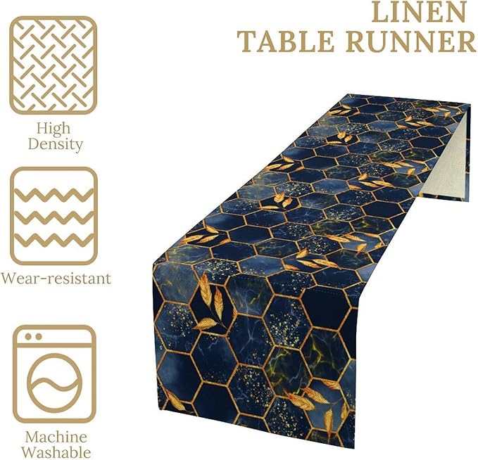Marble Table Runner, Dark Blue Gold Modern Marble Leaf Aesthetic Geometric Table Runner for Indoor Home Living Room Party Dining Kitchen 13x70in