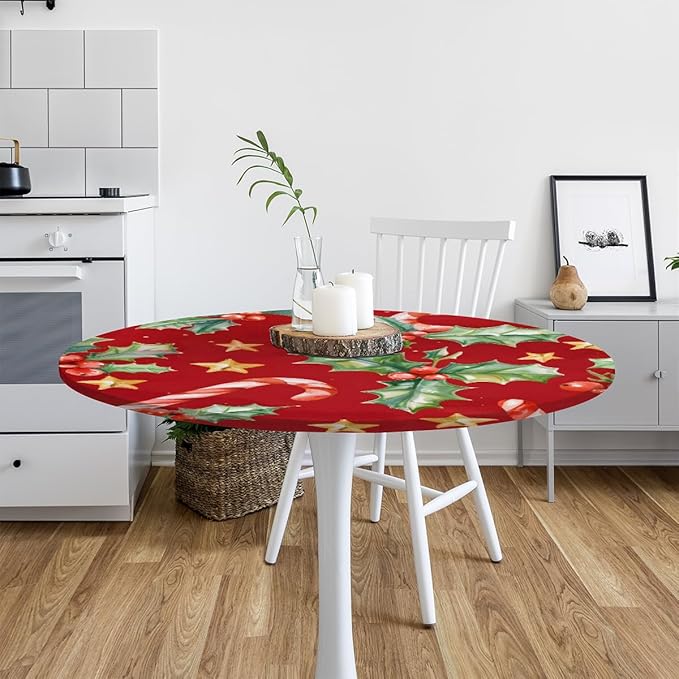 Christmas Ruffle Star Candy Round Table Cloth Cover, Elastic Edge Waterproof Wipeable Tablecloths 36"-42" Polyester Tablecloth for Party Restaurant Banquet Holiday Camping Outdoor Picnic