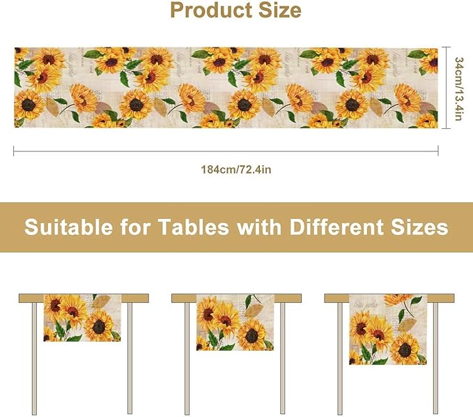 Sunflower Table Runner, Rustic Old Paper Seasonal Table Runner Farmhouse Kitchen Home Party Dining Room 13x60in