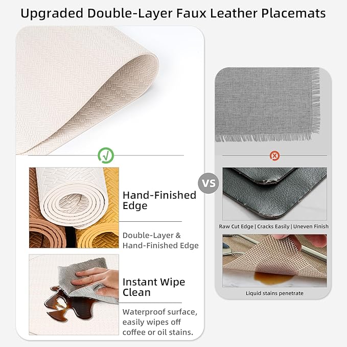 Faux Leather Placemats Set of 6 – 17x12 Inch Vinyl Table Mats, Heat Resistant, Non Slip, Wipeable & Washable, Easy to Clean Dining Table Decor for Kitchen & Dining Room （Ivory White）