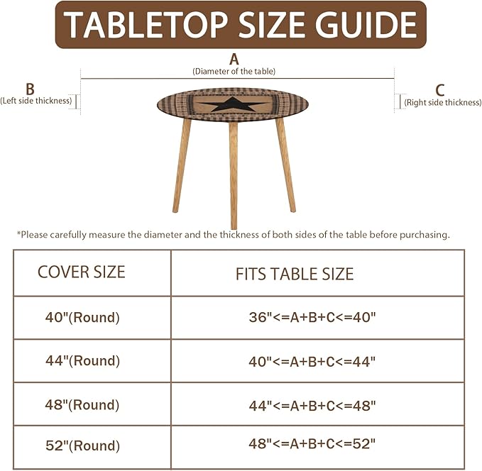 Western Texas Star Round Fitted Tablecloth with Elastic Vintage Black Brown Plaid Circle Table Cover for 36-40" Round Tables Stretch Waterproof Rustic Country Table Cloth for Kitchen Dining Patio