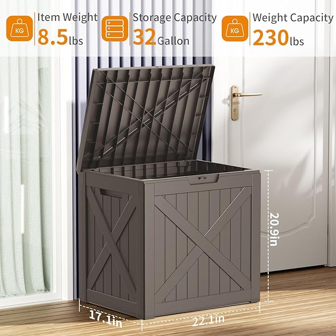 32 GallonOutdoor Storage Box,Resin Deck Boxes Waterproof, IndoorOutdoor Bin for Package Delivery, Patio Cushions, Gardening Tools, Lockable, UV Resistant