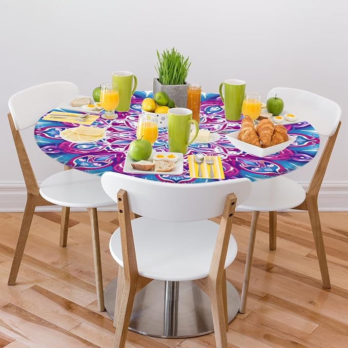 Mandala Vintage Flowers Round Table Cloth Cover, Elastic Edge Waterproof Wipeable Tablecloths 36"-42" Polyester Tablecloth for Party Restaurant Banquet Holiday Camping Outdoor Picnic