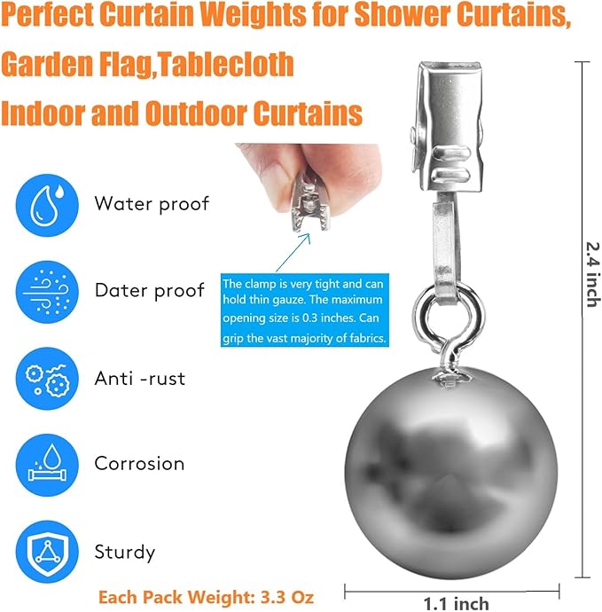 24 Pack Outdoor Curtain Weights, Outdoor Drapery for Pergola Patio Gazebo Cabana, Stainless Steel Weight Clip Down Curtain, Garden Flag, Shower Curtain, Tablecloth