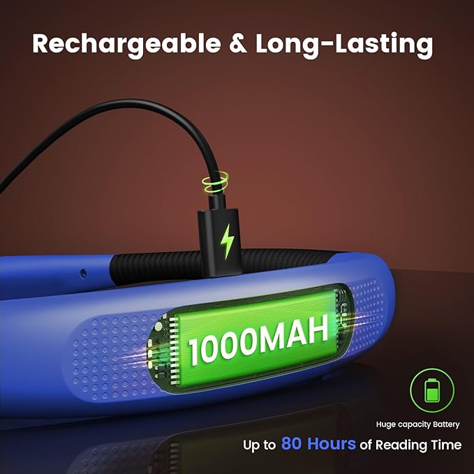 Glocusent Book Light, 3-Color & 6-Brightness Reading Light, Bendable Neck Light, 80-hr Lasting Rechargeable Book Light, Perfect Reading Lights for Books in Bed, Knitting, Repairing, Book Lovers Gifts