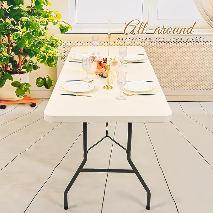 6 Pack Stretch Fabric Table Top Cap Cover, Ivory Table Covers fits 6Ft Tables, Washable Elastic Universal Rectangle Tablecloth Protector for Indoor Outdoor Party Picnic Wedding (30" W x 72" L)